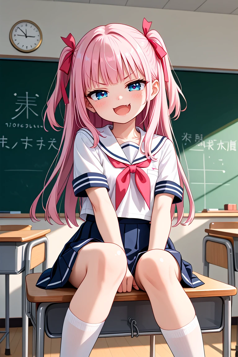 Loli,long pink hair,blue eyes , ponytail,thin legs, school uniform,sitting , classroom,Open legs