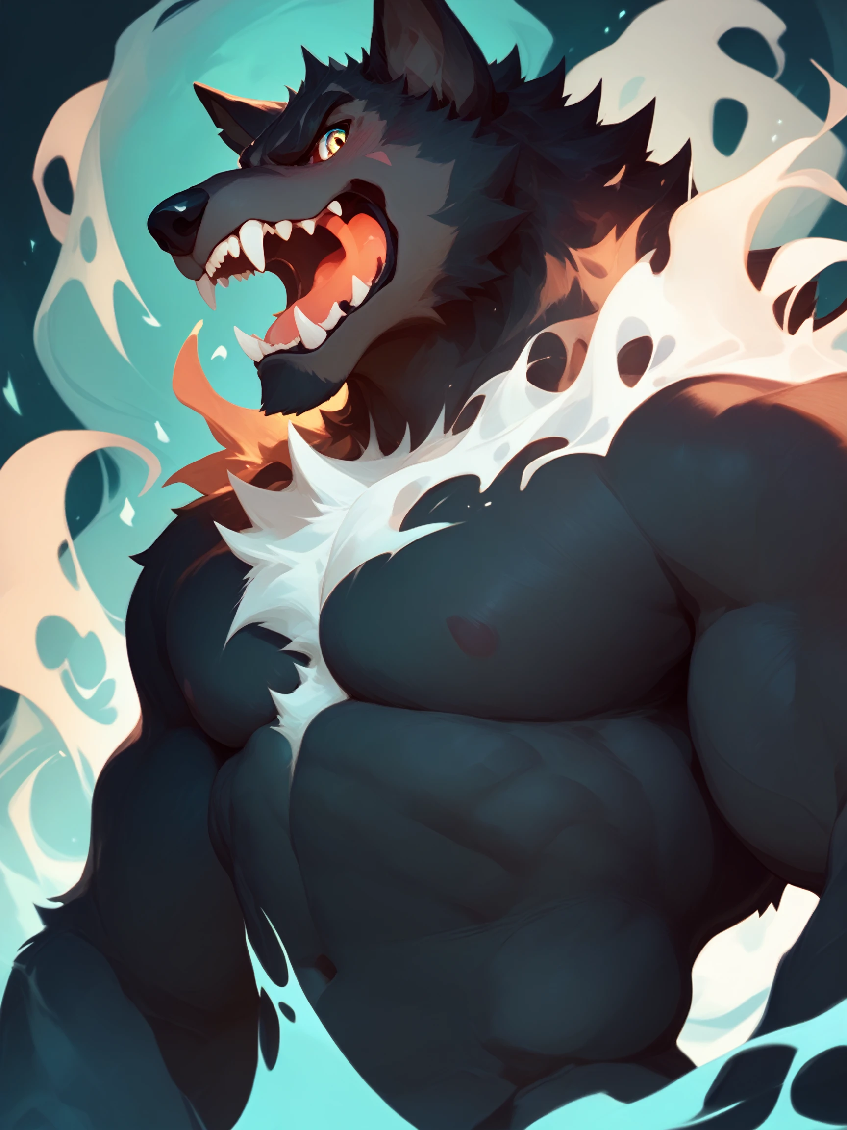 by null-ghost, masterpiece, best quality, furry, wolf, two-tone skin, (black fur:0.8), broad shoulders, narrow waist, chest tuft, teeth, spirit, ghost,
BREAK score_9_up,score_8_up,score_7_up,score_6_up,
 <lora:RexXLV1:1>