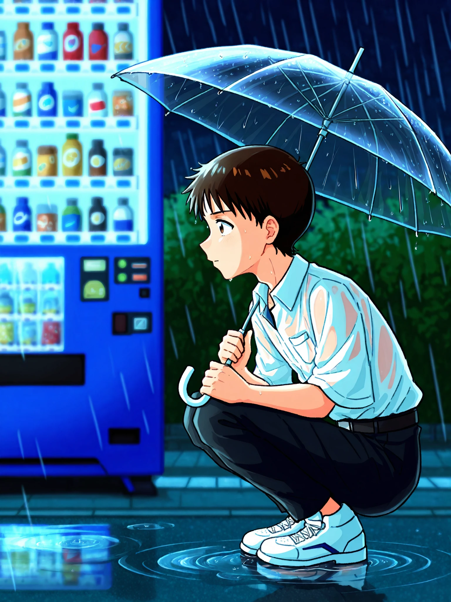 mikahimee,

BREAK, 1boy, ikari shinji, brown hair, white shirt, collared shirt,  black pants, belt,  white footwear, pocket, shirt tucked in,

vending machine, convenience store, night, street lights, outdoors, blurry background, rain, puddle, wet clothes, umbrella, holding umbrella, transparent umbrella, 

from side, full body, squatting, looking ahead, 