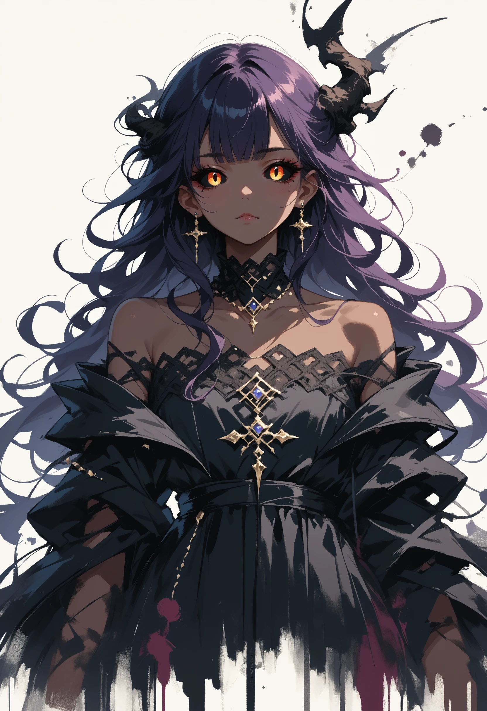 score_9, score_8_up, score_7_up, source_anime, 
<lora:wrenchDreamInkb2:1>, wrnchDreamInk, abstract, 
1girl, demon, caprine horn, black skin, black dress, jewelry, off shoulder, bangs, long hair, black sclera, white background, solo,