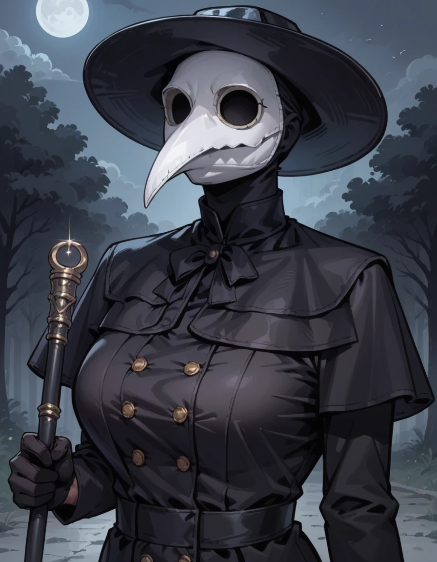 score_9, score_8_up, score_7_up, score_6_up, score_5_up, score_4_up, 1girl, solo, black headwear, large breasts, hud_plagu3_doc, plague doctor, black coat, buttons, black gloves, black capelet, facing viewer, white mask, hat, upper body, <lora:hud_plagu3_doc_XLP:1> , night, outdoors, holding cane