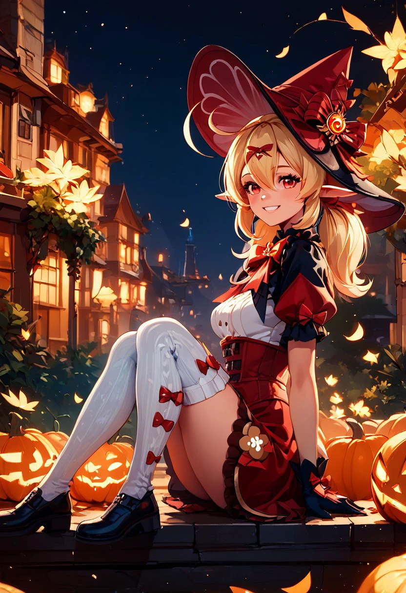 score_9, score_8_up, score_8, medium breasts, (curvy), cute, eyelashes,       
,,,
zzKlee, hair between eyes, red eyes, ahoge, blonde hair, long hair, low twintails, pointy ears, twintails, witch hat, bow, gloves, short sleeves, black gloves, alternate costume, sidelocks, hat bow, 
,,,
BREAK, zzEiffelTower in background, sitting, watercraft, boat, sitting on wall, side view, looking at viewer, smile, 
,,,
BREAK, 
night, glowing, pumpkins, blooming stars, luminescent petals, otherworldly fragrance blurry background, 
,,,
zPDXL, Expressiveh,