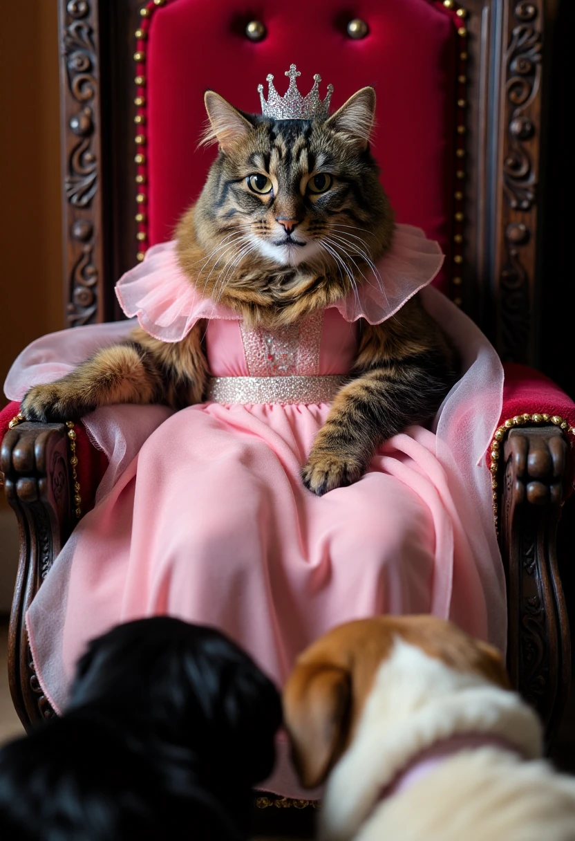 <lora:Allie_-_My_Cat_FLUX:0.8>
photograph of a fluffy, medium-sized cat named Allie with a mottled coat featuring dark brown and black tabby stripes wearing a fancy frilly pink dress, looking smug, sitting on a throne, wearing a crown, with dogs bowing down in front of the throne.