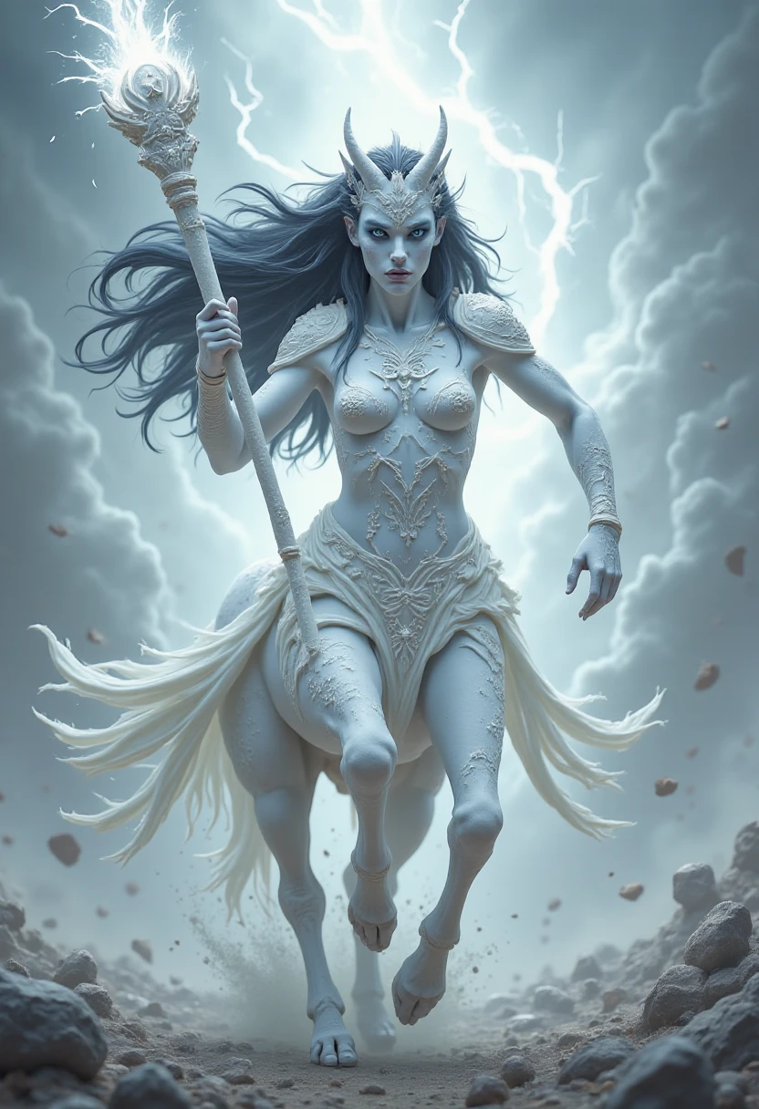 alabaster, A centaur with alabaster skin and flowing black hair, wielding a glowing staff as she charges through a stormy battlefield. Her intense expression contrasts with the chaotic energy around her. The style evokes the dark, dramatic tones of 90s graphic novels, full of tension and mythological grandeur.