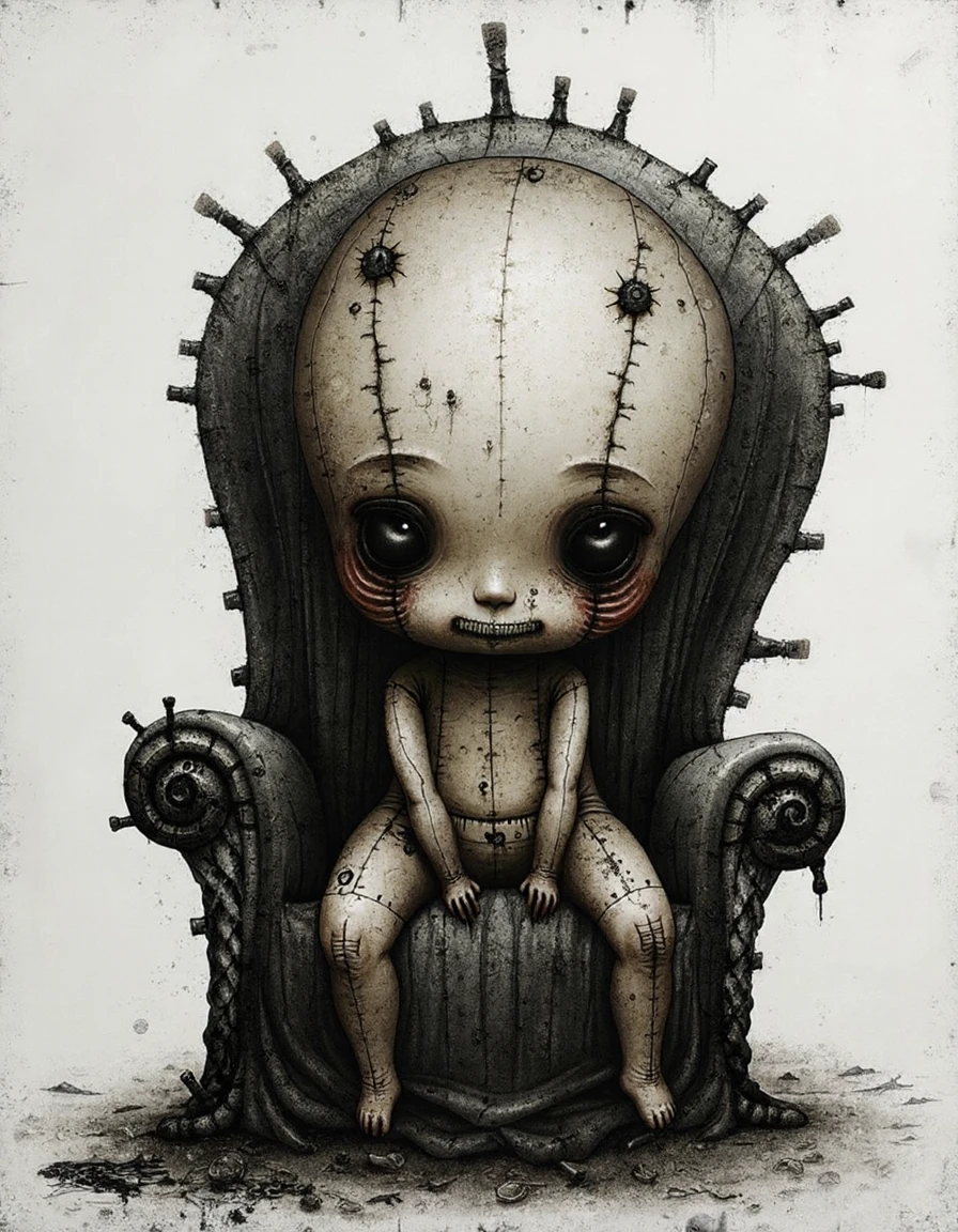 monochromatic drawing in a dark gritty style. Small child-like figure with a disproportionately large head sitting on a dilapidated throne. The figure has a round bulbous head with a stitched mouth and eyes giving it a doll-like appearance. The head is adorned with a patchwork of stitches and patches
 <lora:shichigoro:1>