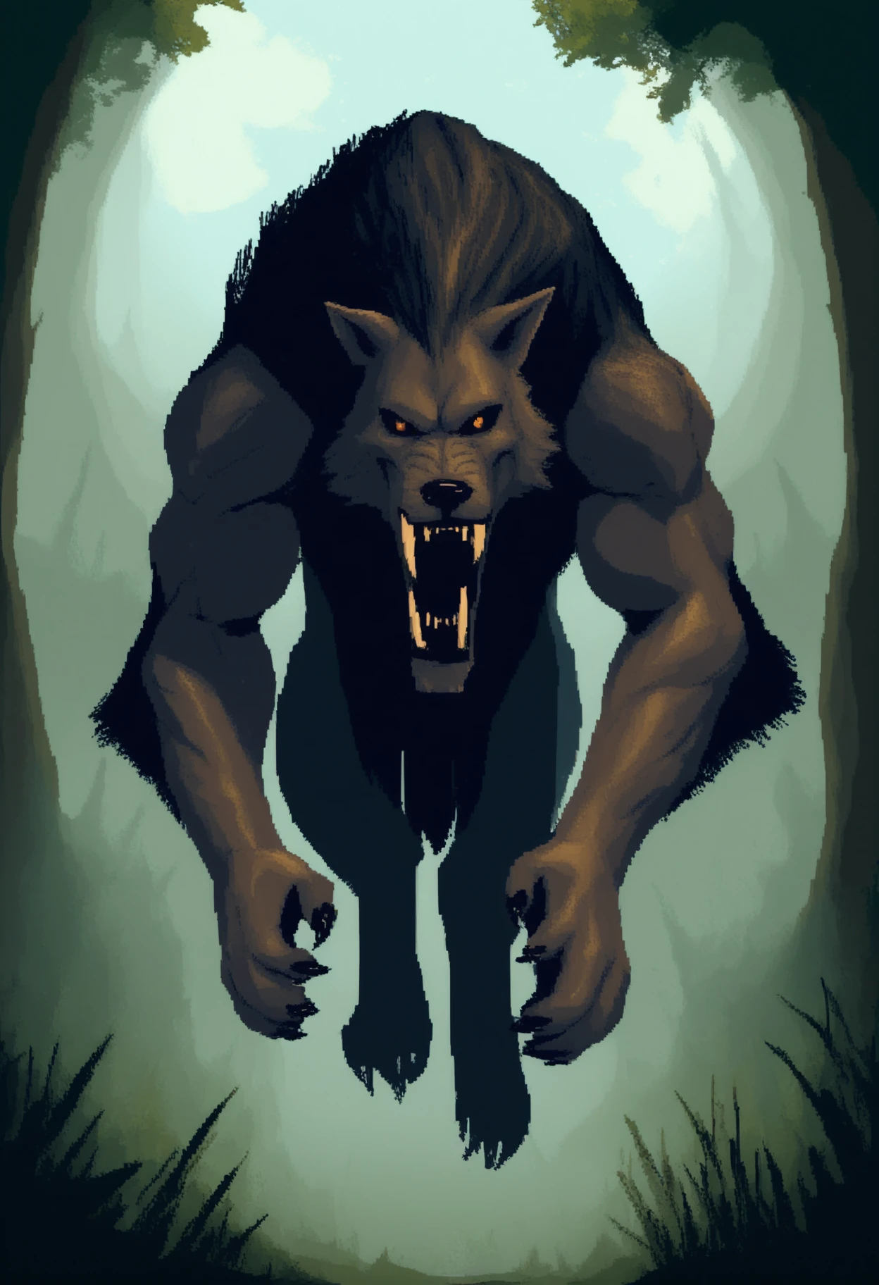 ootwstyle, safe_pos, score_9, score_8_up, score_7_up, 1boy, solo, werewolf, muscular, large fangs, forest, cloudy sky