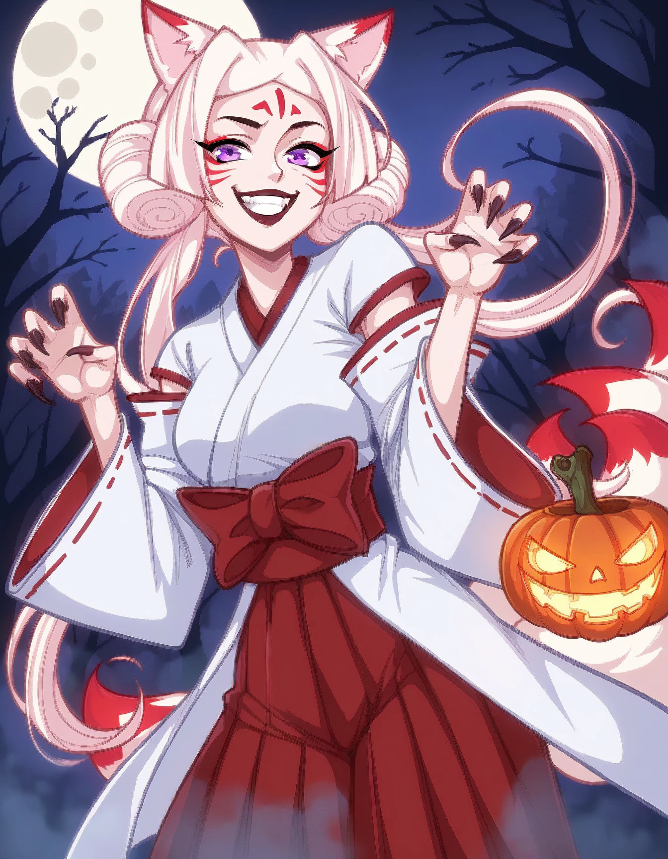 score_9, score_8_up, score_7_up, score_6_up, score_5_up, score_4_up, source_anime
High_Priestess_Kumiko, white hair, animal ears, red makeup, fox tails, white kimono, red hakama, purple eyes, brown lipstick, claw pose, dark forest, halloween pumpkins, full moon, fog, cemetery
<lora:High_Priestess_Kumiko_XL:0.9>