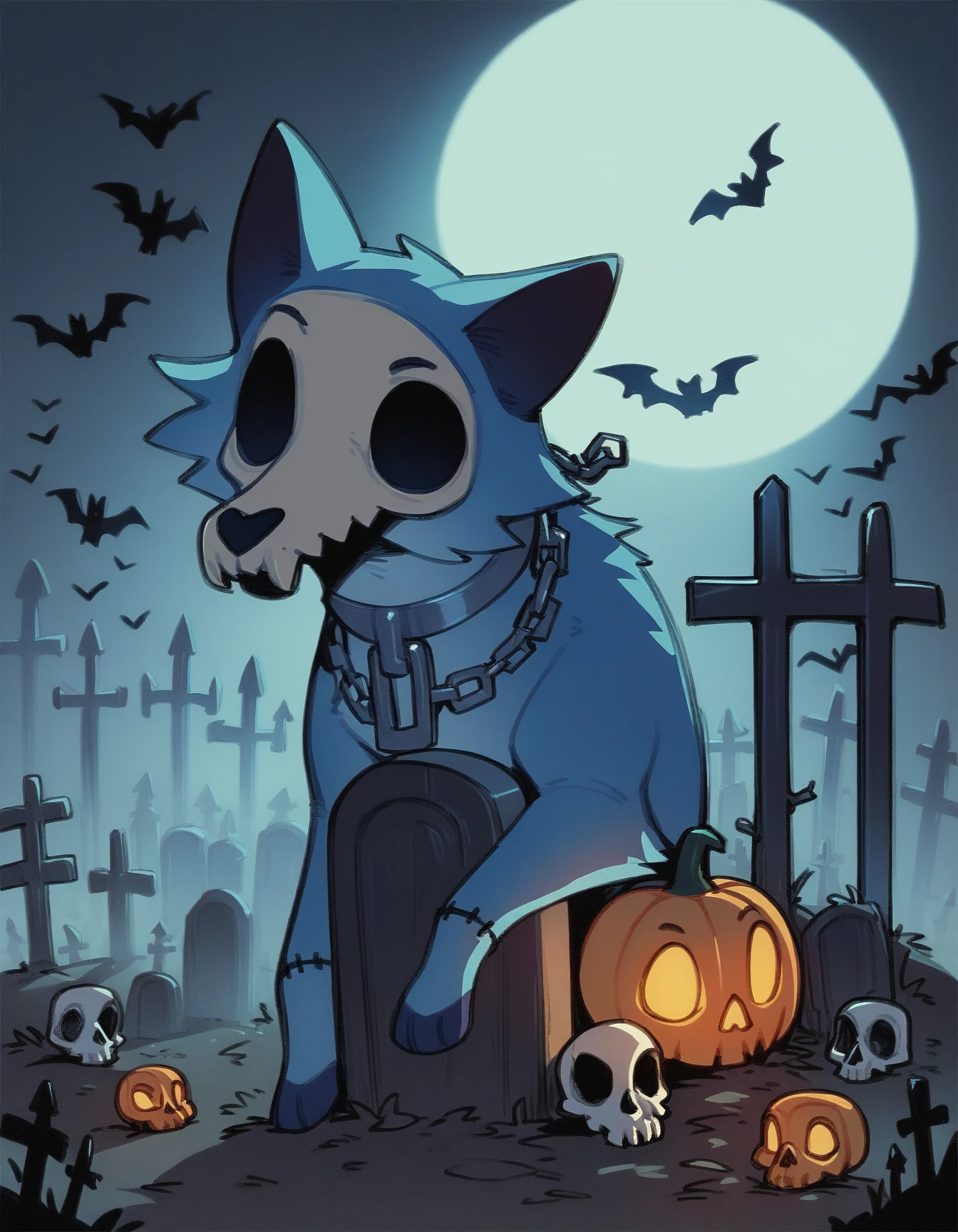 score_9, score_8_up, score_7_up, score_6_up, score_5_up, score_4_up, creature, solo, feral fox
Friedrich, blue fur, two tone fur, neck chain, skull, no eyes, zombie, stitches, zombie pose, halloween, cemetery
 <lora:Friedrich_XL:0.9>