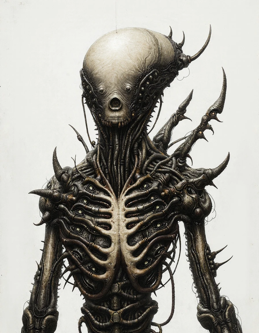 highly detailed drawing depicting a nightmarish biomechanical creature. The creature's head is smooth and featureless resembling a skull with a slight sheen suggesting a metallic or synthetic surface. Its body is a complex network of organic and mechanical elements with numerous tubes cables and spines protruding from its torso
 <lora:shichigoro:1>