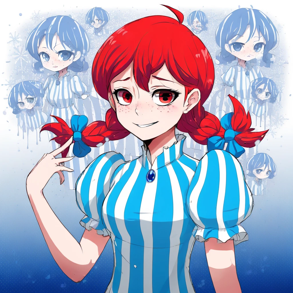 The image is in the anime art style of Rui Komatsuzaki. The image's style highlights large expressive eyes and exaggerated hairstyles. The image uses bold thick outlines around characters and objects which helps to define shapes. The image has a vivid and diverse color palette. The use of bright contrasting colors adds to the visual appeal and helps to convey an eccentric atmosphere. There is a high level of detail in the image which include intricate patterns on clothing accessories and background elements. The image blends cute and charming elements with darker more sinister themes. The image has dynamic and dramatic poses The image features a striking blend of vibrant colors bold outlines and highly expressive character designs. Wendy Thomas has red hair styled in pigtails with blue bows at the end of her braids. She is wearing a white and blue striped dress with puffed sleeves. Wendy is smiling smugly and smugness is obvious in her affect. A confident Wendy sashays through a swirling storm of fast food-themed confetti and snowflakes as a spectral countdown ticks away the seconds to New Year's Eve. A towering decrepit figure like a corpse with a sickle, a mashup of Father Time and Ronald McDonald with a bright red afro watches with decrepit sunken eyes unphased by Wendy's smug grin.