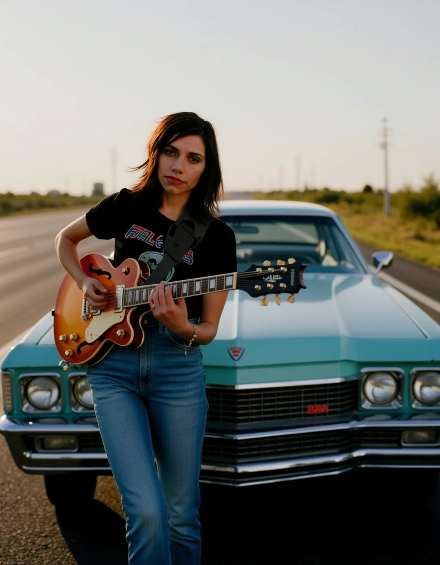 cinematic, cinematic lighting,.ultra realistic, ultra defined textures and colors, shot in the style of Sony Alpha A7 III,   looking at viewer <lora:pjharvey:1> pharvey, pjhy, pjharv,  looking at the viewer,  a beautiful woman wearing a high-waisted jeans and band tee, holding a guitar, ready to play some songs, cool attitude, look under natural sunlight with lens flares. Leaning against a classic car on a scenic highway, her messy waves and sun-kissed glow evoke free-spirited nostalgia. A 35mm lens captures the earth tones like blues, greens, and rusts, with distinctive features such as a classic car and open road., detailed skin texture, (blush:0.5), (goosebumps:0.5), subsurface scattering, Photorealistic, Hyperrealistic, Hyperdetailed, analog style, soft lighting, subsurface scattering, realistic, heavy shadow, masterpiece, best quality, ultra realistic, 8k, golden ratio, Intricate, High Detail, film photography, soft focus