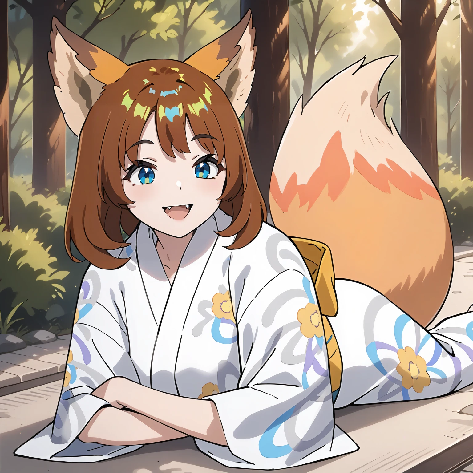 <lora:DG_Dongitsune5XLpony001>,
outdoors,nature,
smile,open mouth,
solo,
Dongitsune5,1girl,brown hair,fox ears,medium hair,blue eyes,
yukata,obi,
fox tail,
on stomach,