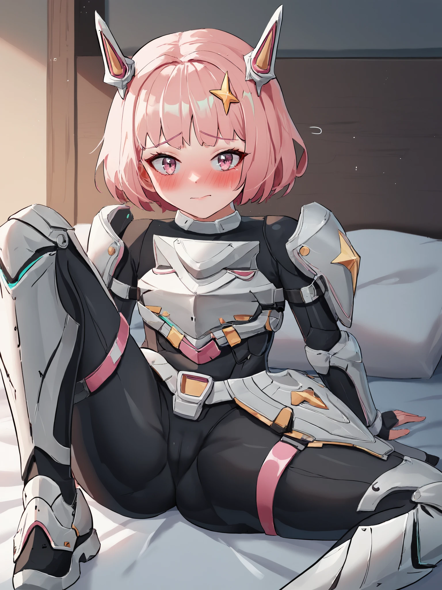 score_9, score_8_up, score_7_up, zPDXL, zPDXLpg, <lora:offset_0.2:0.1>, <lora:spo_sdxl_10ep_4k-data_lora_webui:1>,
1girl, solo,
noahnikke, pink eyes, pink hair, short hair, headgear, sparkle hair ornament, black , armor, shoulder armor, breastplate, armored gloves, armored , armored boots, pauldrons, shield, hip armor, leg armor, armored skirt, <lora:Noah:1>,
full-face blush, embarrassed, looking at viewer,
sitting, on bed, , legs up, ,
indoors