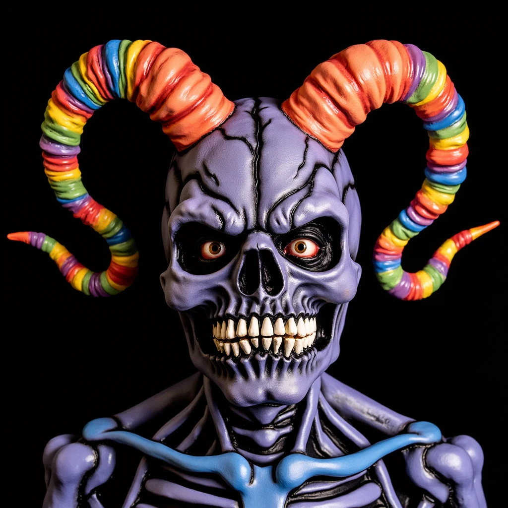 halloween mask, cybernetic demon with exposed bones, colorful striped horns