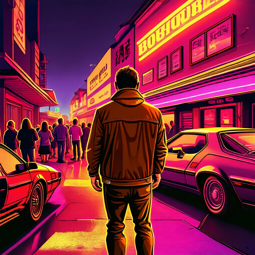 synthwave illustration, a rear view shot of a man in a brown jacket stood in the road opposite a busy bar with a crowd of people outside and two vintage cars parked at night.