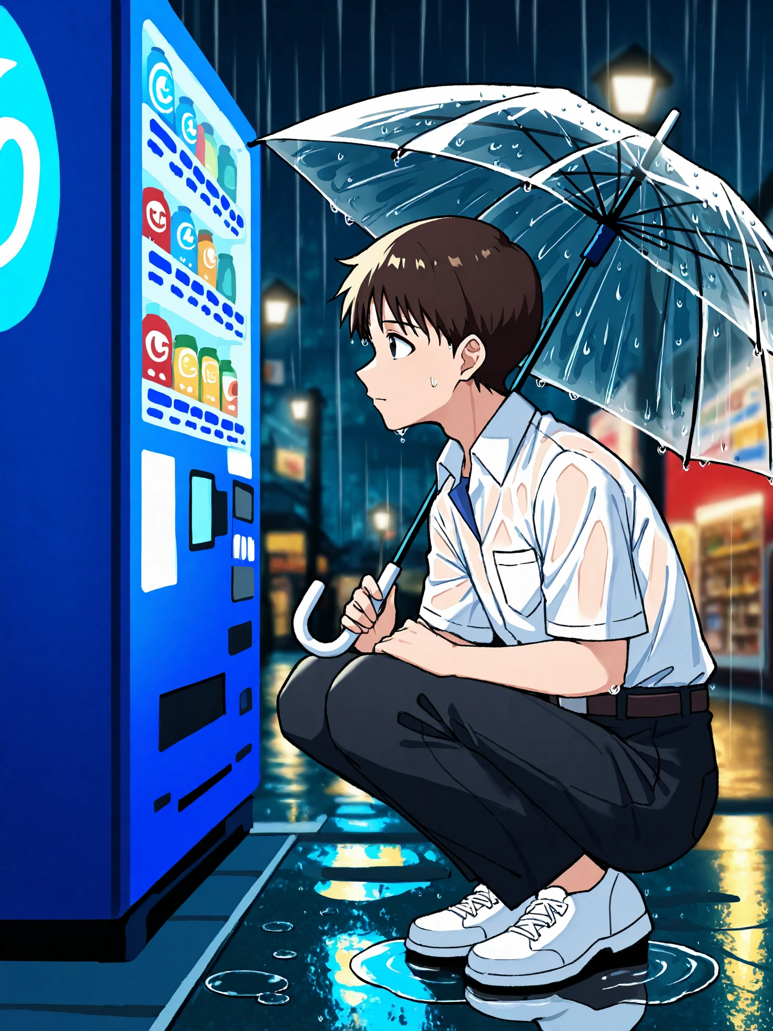 popokin,

BREAK, 1boy, ikari shinji, brown hair, white shirt, collared shirt,  black pants, belt,  white footwear, pocket, shirt tucked in,

vending machine, convenience store, night, street lights, outdoors, blurry background, rain, puddle, wet clothes, umbrella, holding umbrella, transparent umbrella, 

from side, full body, squatting, looking ahead, 