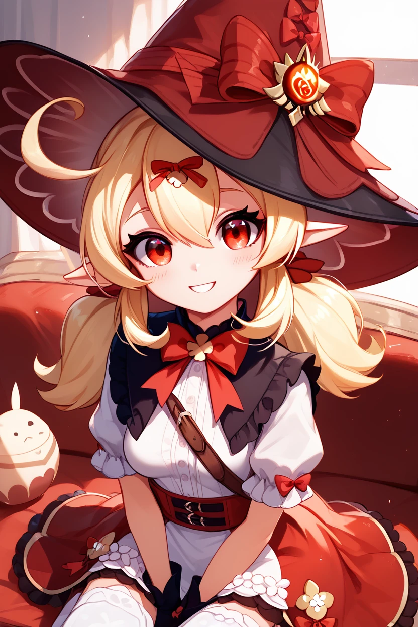 score_9, score_8_up, score_8, medium breasts, (curvy), cute, eyelashes,       ,,, , ,,, zzKlee, hair between eyes, red eyes, ahoge, blonde hair, long hair, low twintails, pointy ears, twintails, witch hat, bow, gloves, short sleeves, black gloves, alternate costume, sidelocks, hat bow,  <lora:KleeBlossomingStarlight_Genshin_PDXL:1.0>,  ,,,, BREAK, ,,, smile, looking at viewer, blush, blurry, couch, sitting, ,,, shiny skin, <lora:ProAnime_PDXL_v1:0.7>, ,,, embedding:zPDXL, Expressiveh, <lora:SDXLFaeTastic2400:0.5>, <lora:Expressive_H-000001:0.4>,