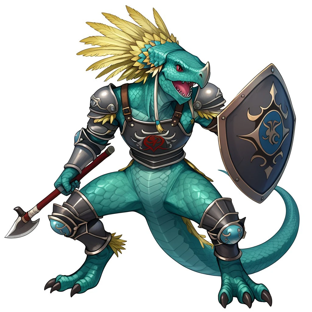 lizardman sc3, lizardman, reptile, scalie, anthro, furry, greenish teal scales, greenish cyan scales, yellow feathers, red eyes, black claws, 5 fingers, 3 toes, axe, weapon, armor, solo, open mouth, white background, shield, simple background, scales, tail, sharp teeth, holding, teeth, breastplate, shoulder armor, knee armor, black armor, grey armor, charging, action pose, warrior, male, featureless crotch, masterpiece, ultra detailed, high quality, score_9, score_8_up, score_7_up, score_6_up