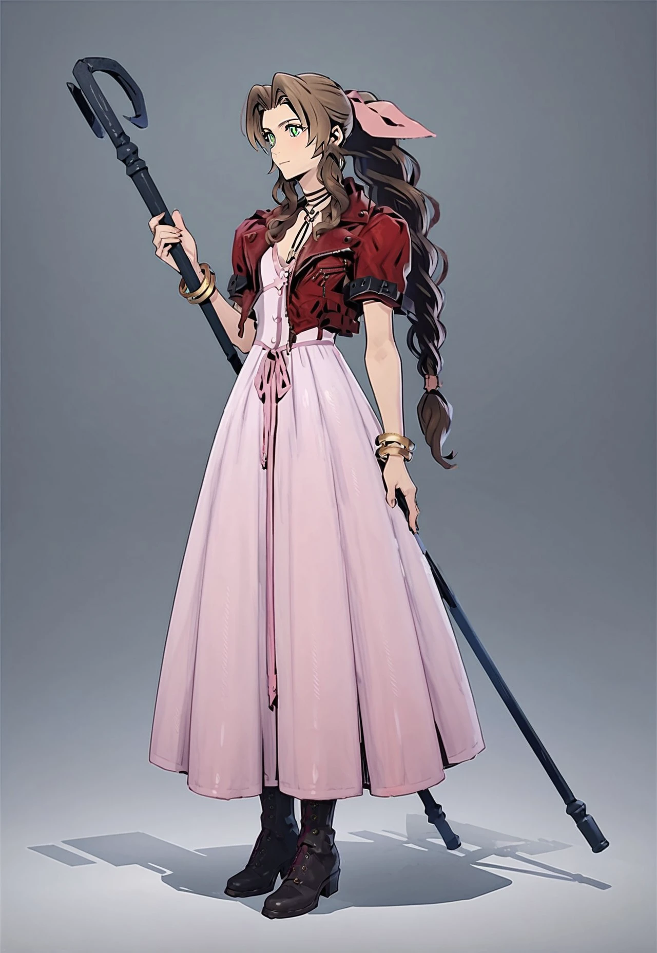 score_9, score_8_up, score_7_up,  score_6_up, score_5_up, aerith gainsborough, 1girl, solo, long hair, brown hair, jewelry, green eyes, hair ribbon, boots, choker, bracelet, pink bow, staff, pink dress, red jacket, cropped jacket, long dress