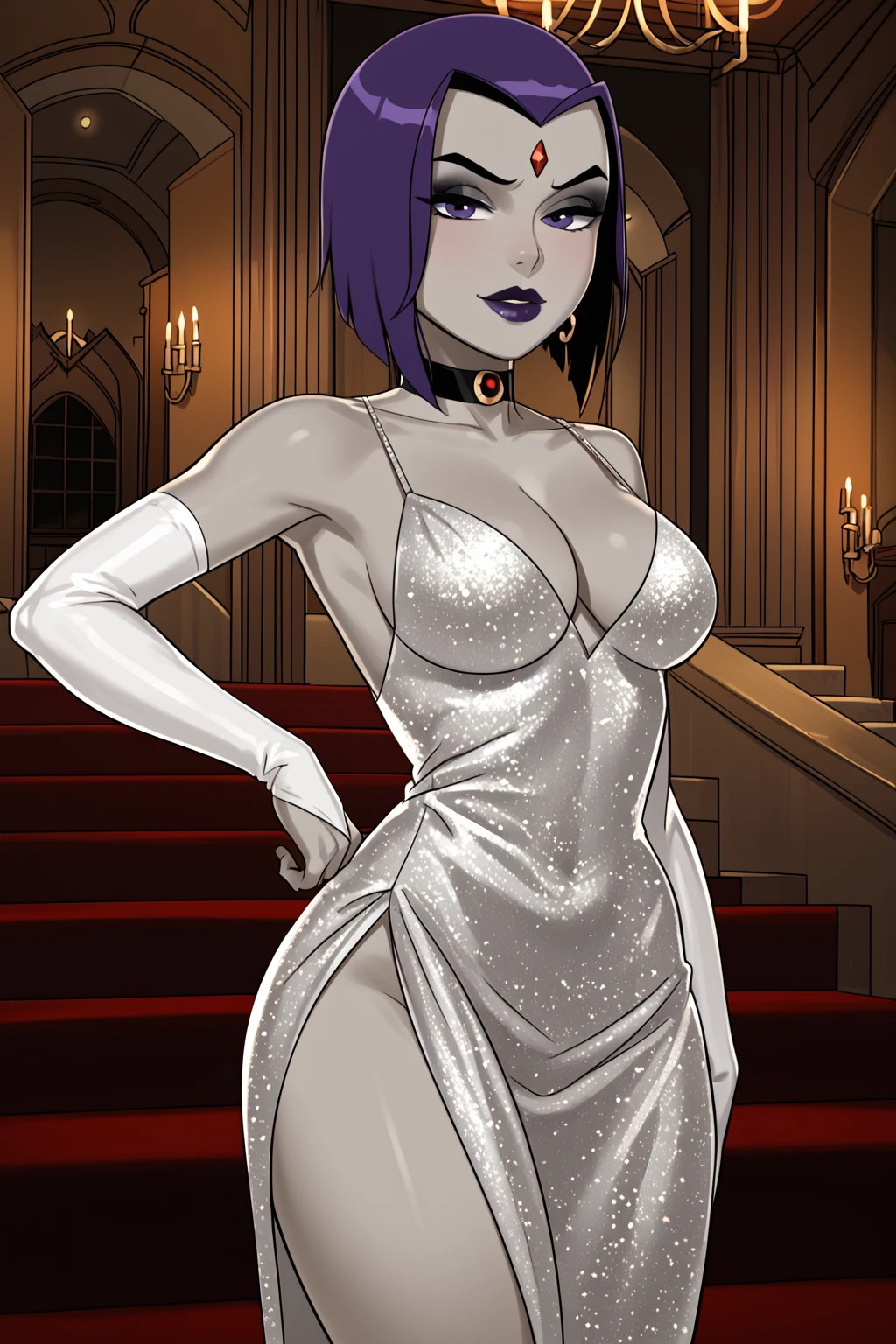 PonyXLV6_Scores BREAK (((parody, anime coloring)), perfect anatomy, perfect eyes, cowboy shot) BREAK <lora:Raven:0.8> rachel roth, colored skin, grey skin, purple hair, short hair, forehead jewel, purple eyes, makeup, lipstick, flirting, half-closed eyes, ((looking at viewer)), choker, jewelry, earrings, dress, elbow gloves, curvy, toned, athletic, sexually suggestive pose, standing at luxurious bar, indoors