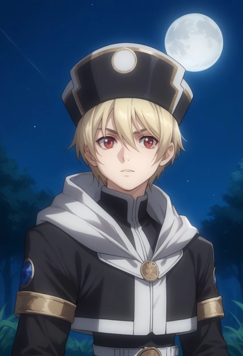 score_9, score_8_up, score_7_up, source_anime, highly detailed, 
ionfortuna, 1boy, male focus, solo, blonde hair, hair between eyes, red eyes, hat, black headwear, jacket, black jacket, cropped jacket, long sleeves, hood, shirt, black shirt, upper body,
outdoor, night, moon, dark,