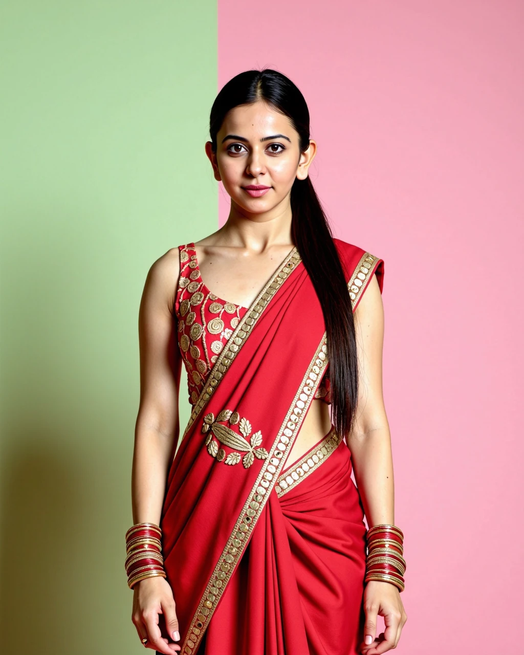 full body photo of Rakul Preet Singh woman,candid photo with natural colors, serious expression on face,studio quality, wearing intricate elegant conservative long sleeved Red Saree, high ponytail, pastel shaded multicolored background, cinematic soft lighting<lora:TestBed\Rakul_Preet_Singh_Kohya_V1-000007.safetensors:1.0:1.0>