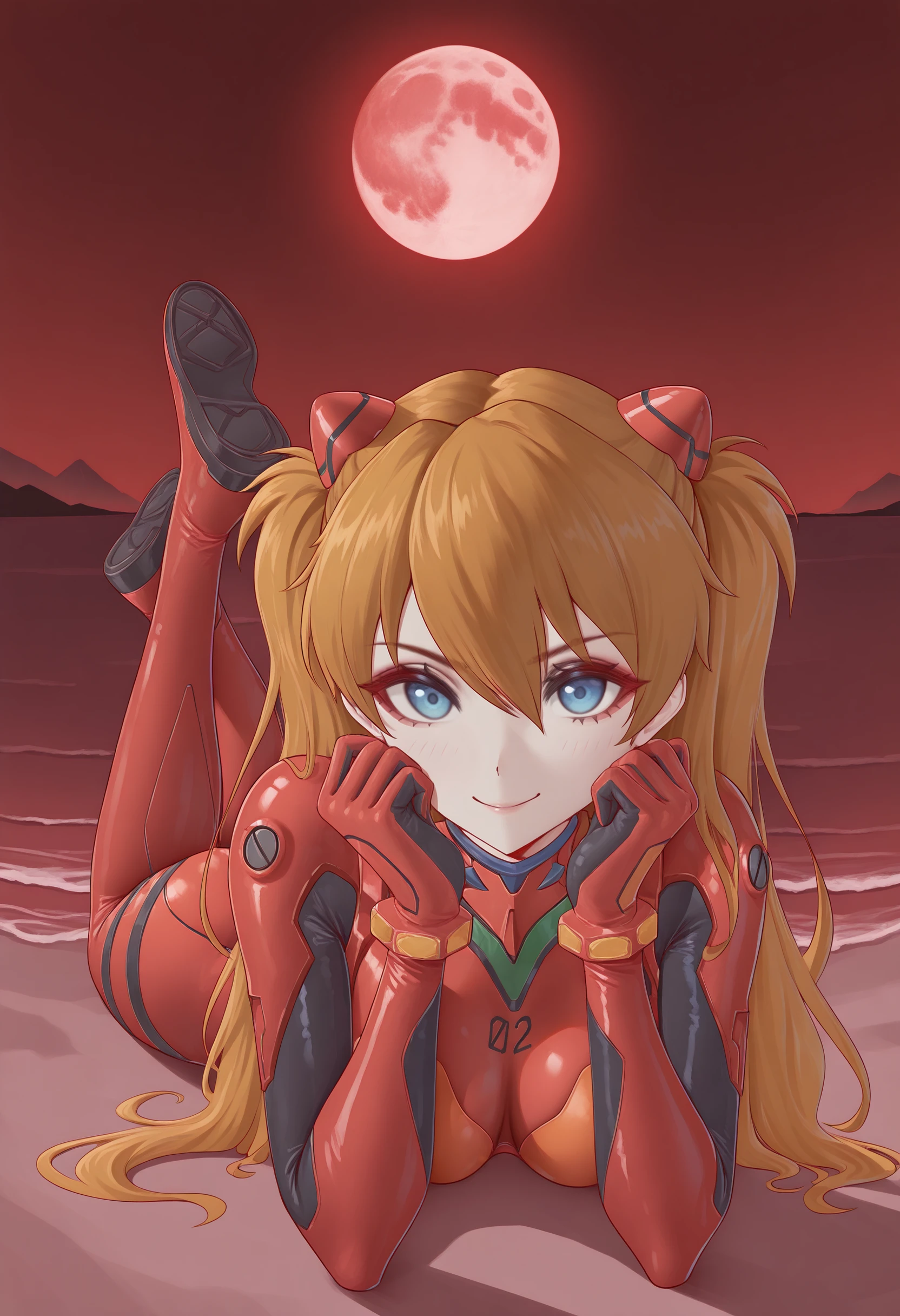 perfect quality, best quality, masterpiece, absolutely eye-catching, mlhilxl, 1girl, dramatic lighting, BREAK (cute smile:1.2), standing, dynamic pose, the pose, looking at viewer, asuka langley, red bodysuit, red moon, red sea, red beach,