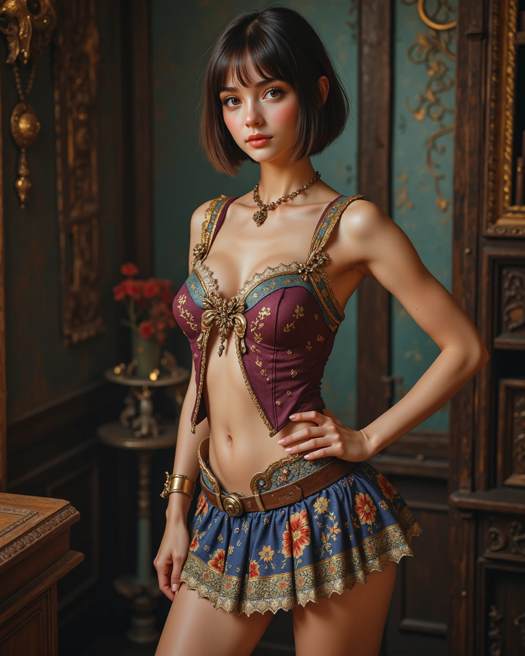 A woman in a short skirt of pure cotton fabric, showing navel, chest, mysterious smile, modeling, showing thighs, 3D magical details, James Jean soft light, 4K, Yuri Schvedorf and Tom Bagshaw, beautiful digital artwork, Sylvain Sarrell and Igor Mosky, full body photo