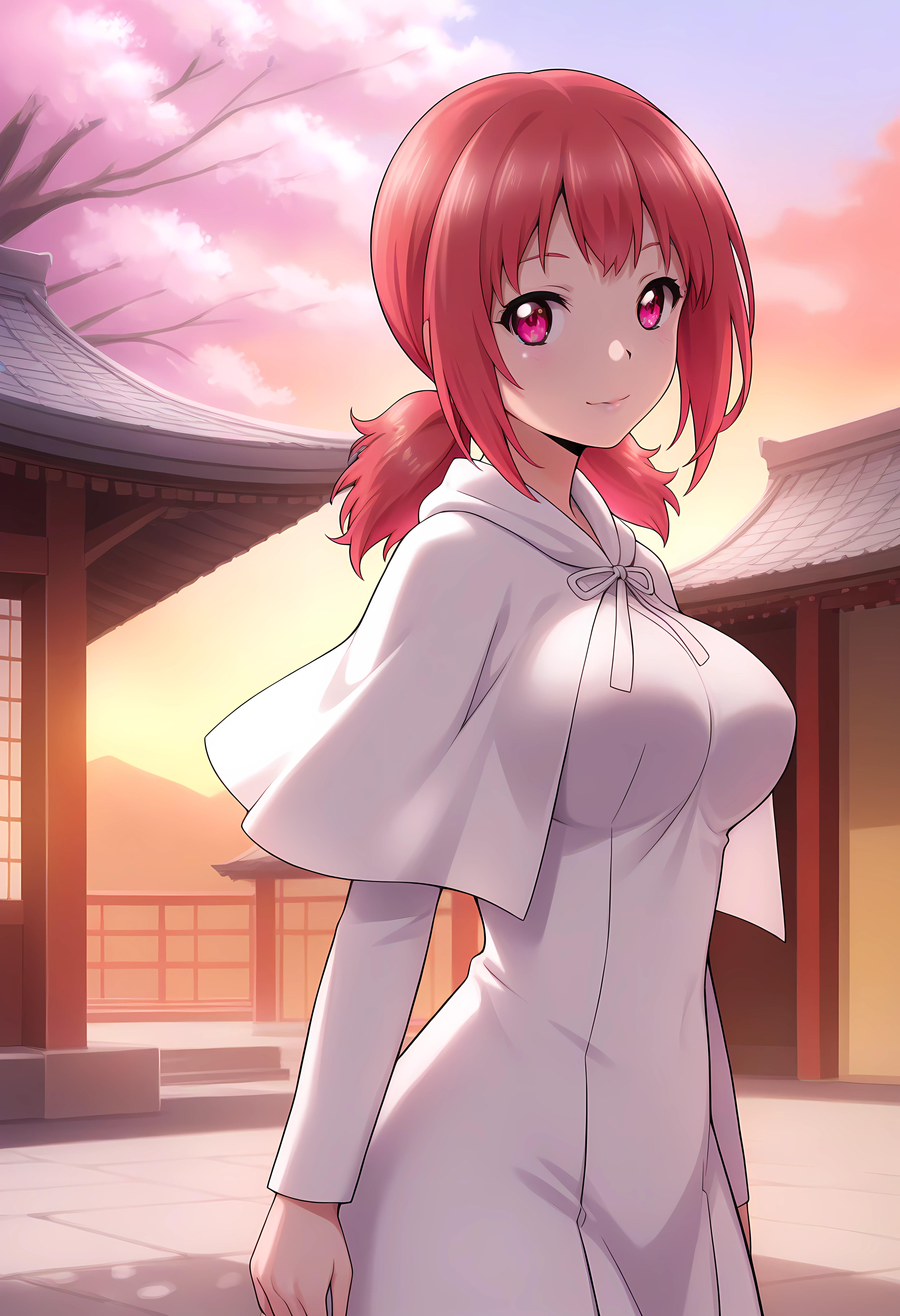 looking at viewer, closed mouth, shiny skin, light smile, petite,ohwx, red_hair, 1girl, twintails, breasts, red_eyes, long_hair, pink_eyes, pink_hair, large_breasts, short_hair, ponytail, short_twintails, medium_breasts,capelet, white_capelet, Japanese temple on a hillside with cherry blossoms, soft sunset colors, calm and serene setting,<lora:non_toyoguchi_illustrious_sobsynapse-000003:1>