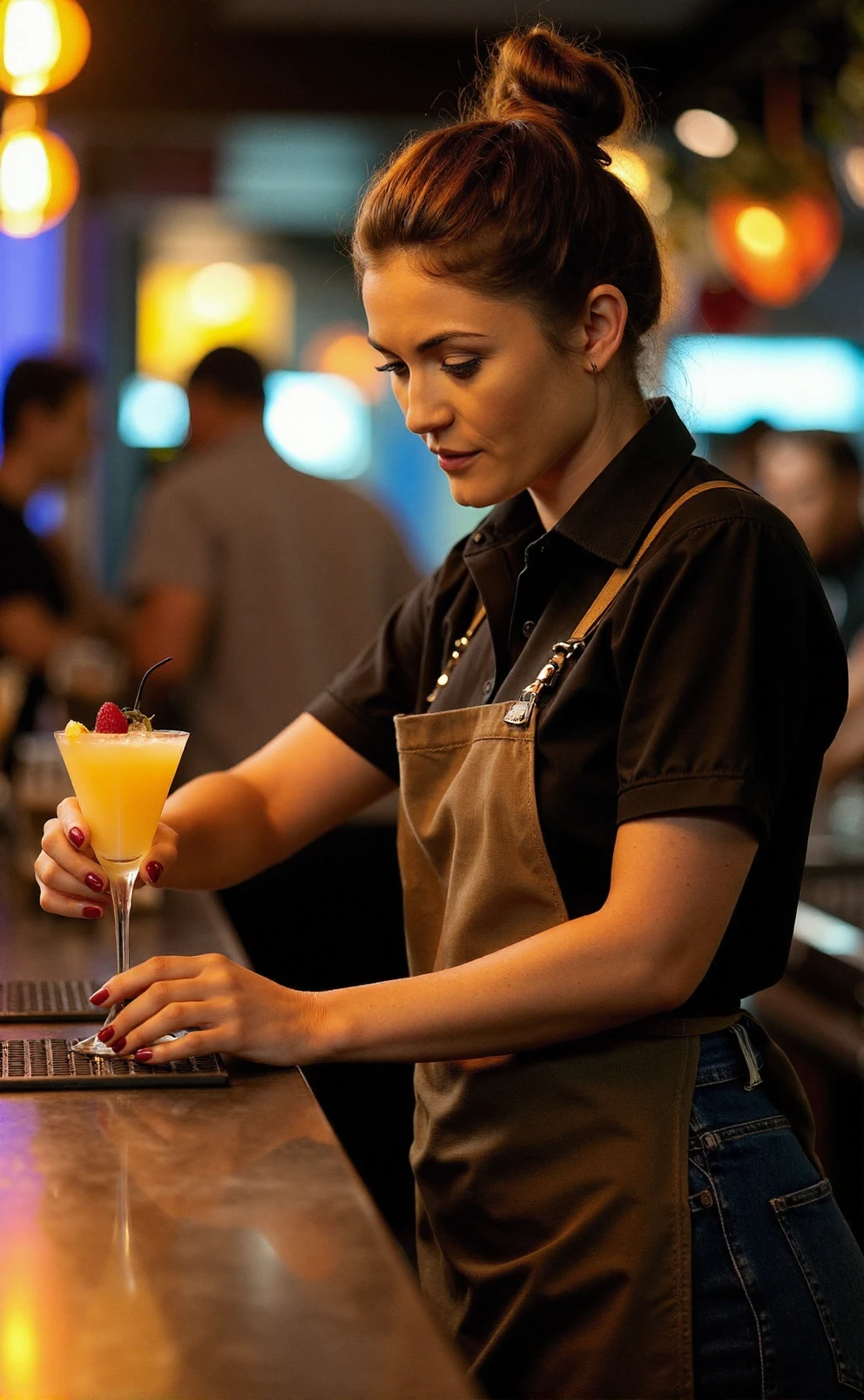 A candid professional photograph of a young woman, Ind1a_Reynolds, dressed in a polo shirt and jeans, with her hair in a tight bun, making a cocktail, working behind a bar on a busy Saturday night, bokeh, detailed skin, apron, SFW<lora:India_Reynolds-000018:1>