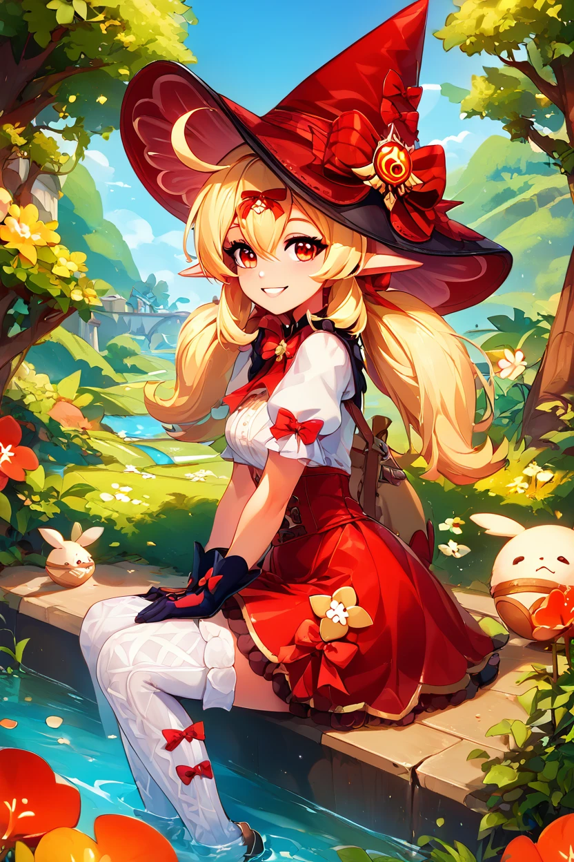 score_9, score_8_up, score_8, medium breasts, (curvy), cute, eyelashes,       ,,, , ,,, zzKlee, hair between eyes, red eyes, ahoge, blonde hair, long hair, low twintails, pointy ears, twintails, witch hat, bow, gloves, short sleeves, black gloves, alternate costume, sidelocks, hat bow,  <lora:KleeBlossomingStarlight_Genshin_PDXL:1.0>,  ,,,, BREAK, zzEiffelTower in background, sitting, watercraft, boat, sitting on wall, side view, looking at viewer, smile, ,,, BREAK, blooming stars, luminescent petals, otherworldly fragrance blurry background, ,,, embedding:zPDXL, Expressiveh, ,,, <lora:EiffelTowerPDXL:0.8>, <lora:CatalystStylePDXL:0.6>, <lora:SDXLFaeTastic2400:0.5>, <lora:Expressive_H-000001:0.4>,