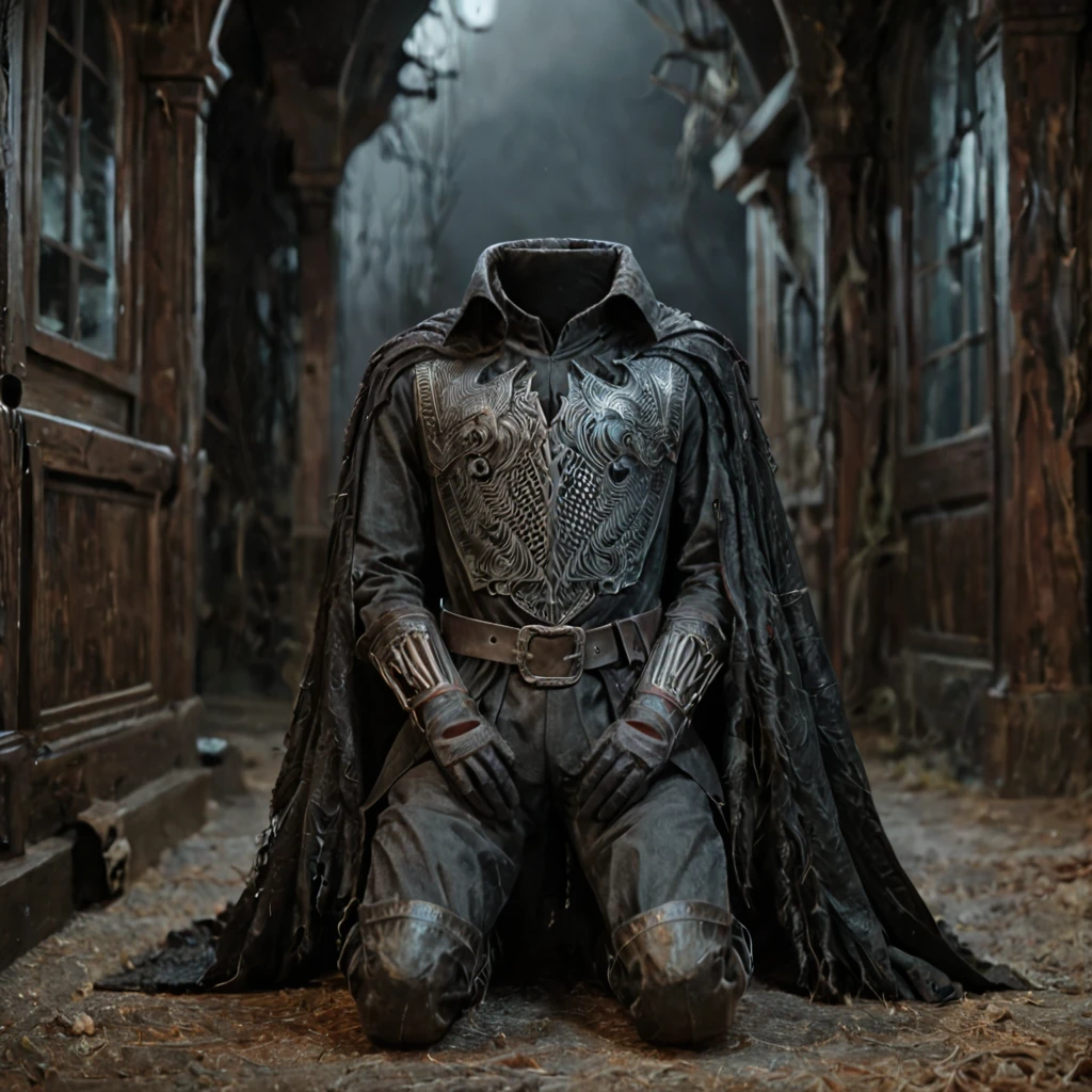 , score_9, score_8_up, score_7_up, intricate details, , dark setting,sleepy hollow, 
<lora:headless_horseman:.7> horseman, armor, gauntlets, (headless:1.2), belt, boots, cape, dark, random pose, kneeling, headless horseman, 
depth of field, detailed background,
<lora:ral-chrosc-clr:0.5>, ral-chrosc-clr,
<lora:xl_more_art-full_v1:0.3>,
<lora:add-detail-xl:0.3>