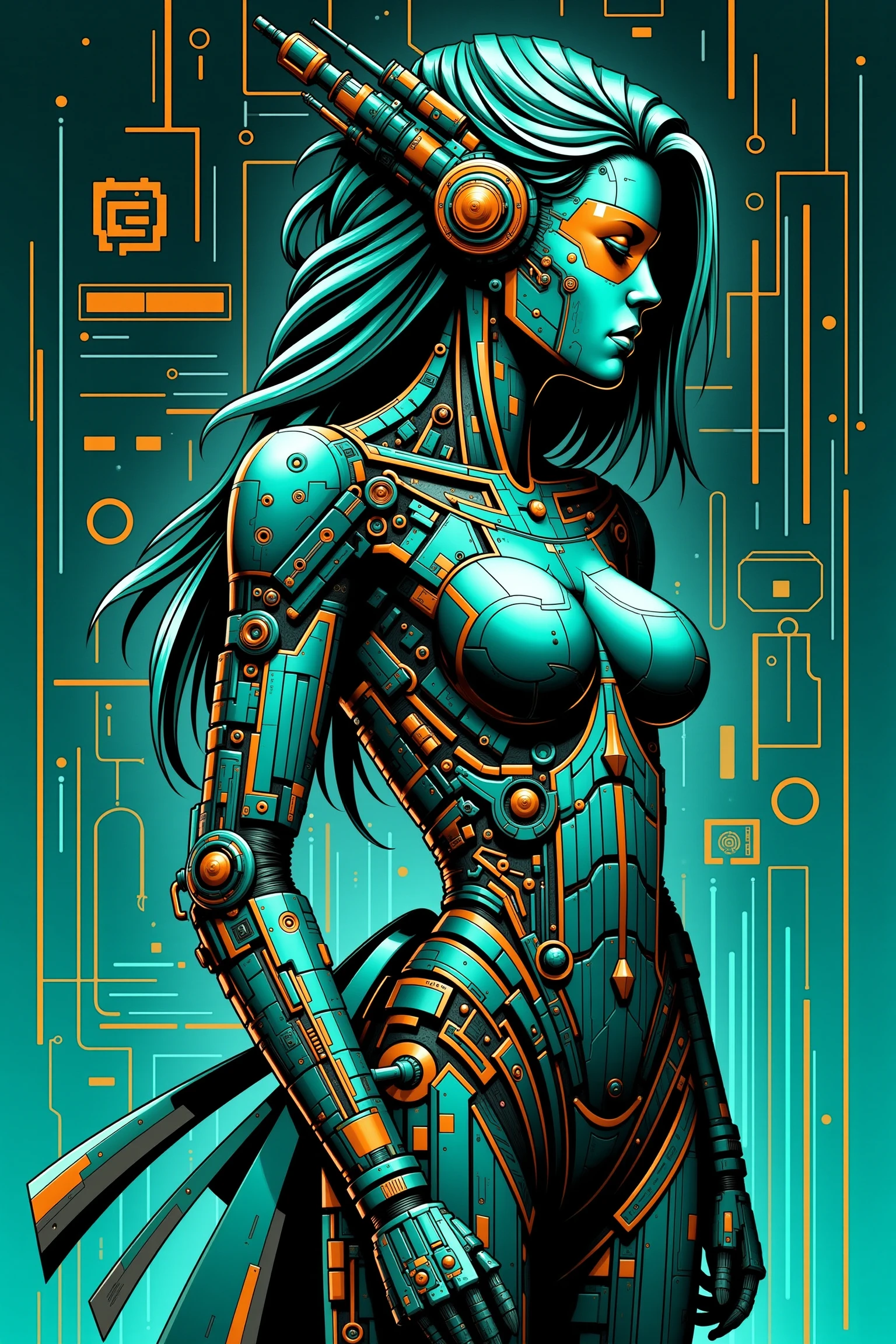 (text banner "CUBISM" :1.4) mad-cbpk-cubism, woman, cyberpunk, teal background, orange outlines, <lora:neon-cyberpunk-cubism-flux-000009:1.0>