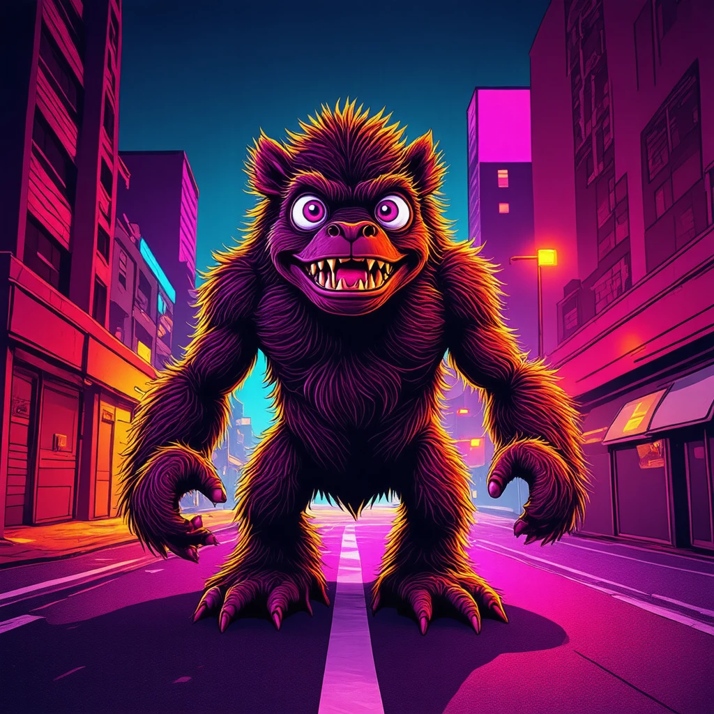 synthwave illustration, The image depicts a large, furry creature with oversized eyes and prominent teeth standing on what appears to be an urban street at night. The monster is centrally positioned in the frame, filling much of the space from top to bottom. There are no vehicles visible; however, buildings with lights can be seen in the background, suggesting it's nighttime within a city setting.