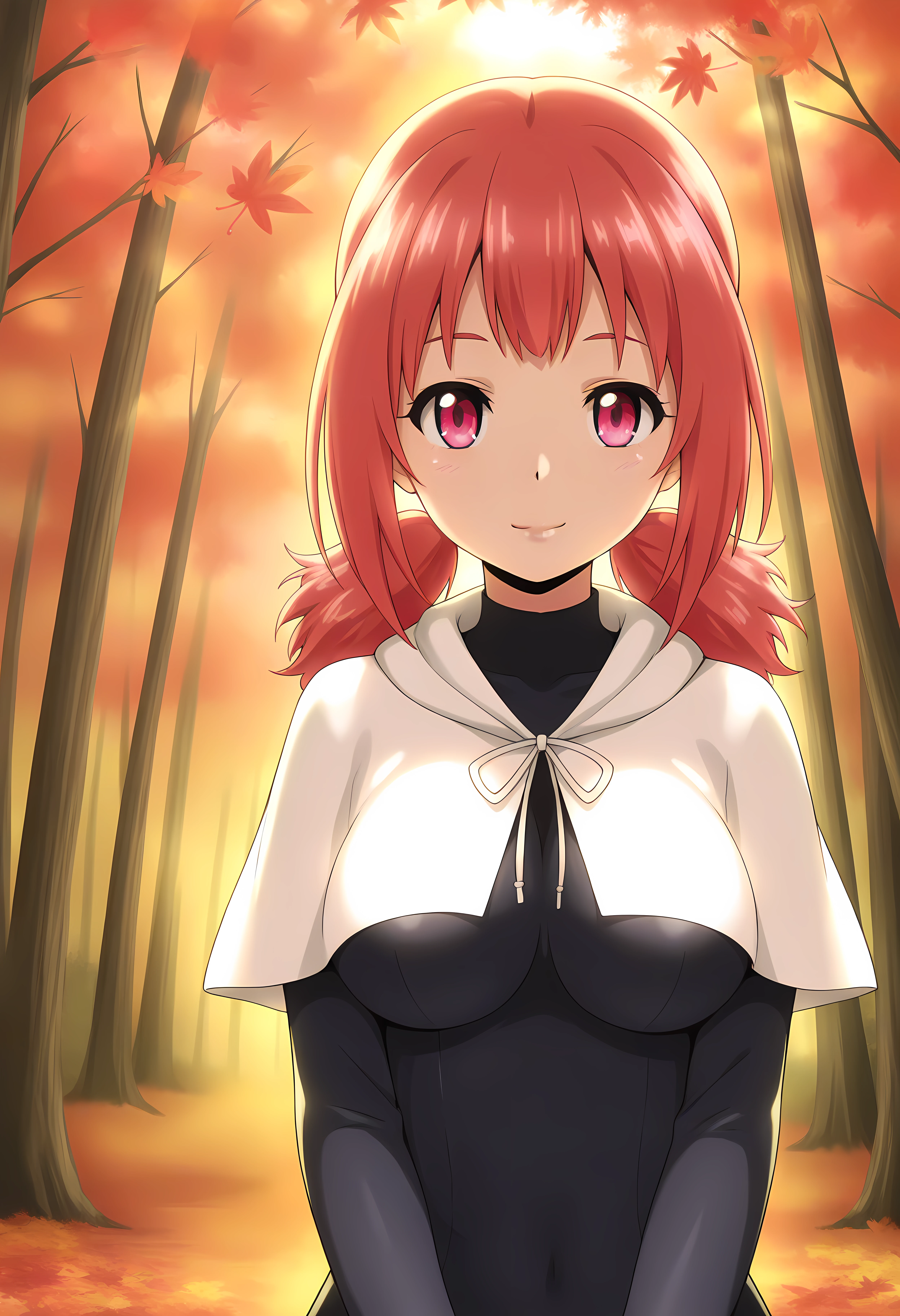 looking at viewer, closed mouth, shiny skin, light smile, petite,ohwx, red_hair, 1girl, twintails, breasts, red_eyes, long_hair, pink_eyes, pink_hair, large_breasts, short_hair, ponytail, short_twintails, medium_breasts,capelet, white_capelet, Japanese forest in autumn, colorful maple leaves, soft sunlight filtering through trees, peaceful and warm,<lora:non_toyoguchi_illustrious_sobsynapse-000003:1>