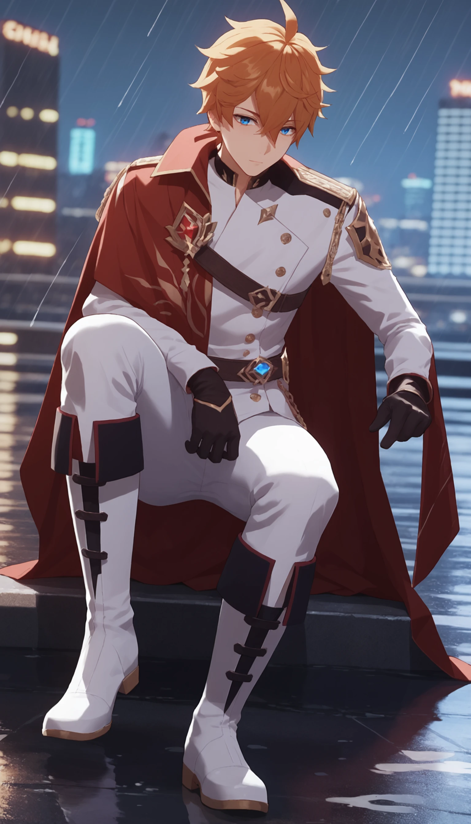 score_9, score_8_up, score_7_up, source_anime, rating_explicit, depth of field, city, kowloon, rain, 
lying, knee up, 
 yydadaliya,  male focus, 1boy, solo, white boots, cape,    <lora:add-detail-xl:1>,<lora:yydadaliya:1>