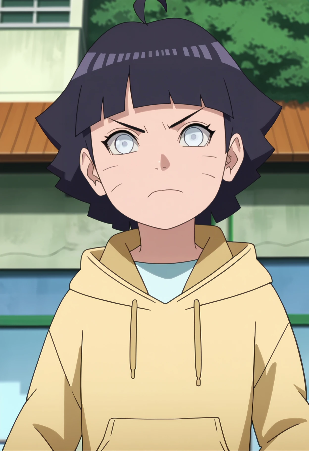 score_9, score_8_up, score_7_up, source_anime,anime screencap,anime coloring,intricate details,masterpiece,
uncensored,
himawari, 1girl, solo, bangs, blunt bangs, facial mark, ahoge,  whisker markings, hoodie, yellow hoodie, short hair, black hair, long sleeves, purple hair, 
looking at viewer, wide-eyed, white eyes, grey eyes, byakugan, veins, angry, 
indoors, upper body, outdoors, 
solo,
scenery,
<lora:Himawari_by_Nyx:1>