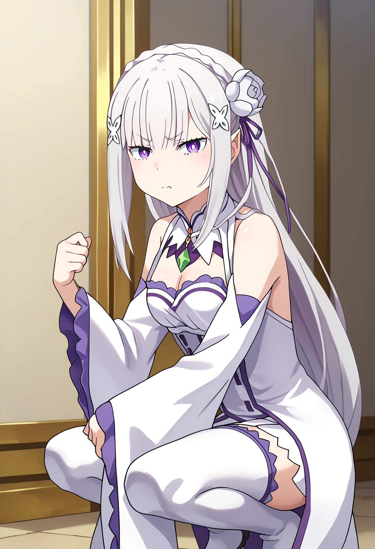 score_9, score_8_up, score_7_up, source_anime,
BREAK
1girl, solo, 
<lora:shiEmiliaV2:1> shimilia, long hair, grey hair, purple eyes, pointy ears, crown braid, hair flower, hair ribbon, purple ribbon, x hair ornament, white dress, cleavage, bare shoulders, wide sleeves, white thighhighs, thigh boots, 
<lora:shiDisgustFaceV1:1>, shidisgustface, squatting, disgust,