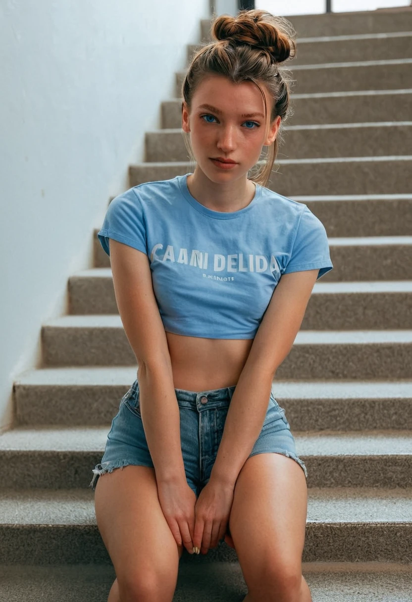 fashion photography, A (portrait, upper body focus) photograph of (1girl, 21 years old, slight smile, <lora:ZH_MissBoArblic_v1SDXL:1>, zh_missboabrlic, solo, long hair, realistic, brown hair, looking at viewer, lips, blue eyes) wearing (t-shirt, shorts), hair updo, seated on stairs