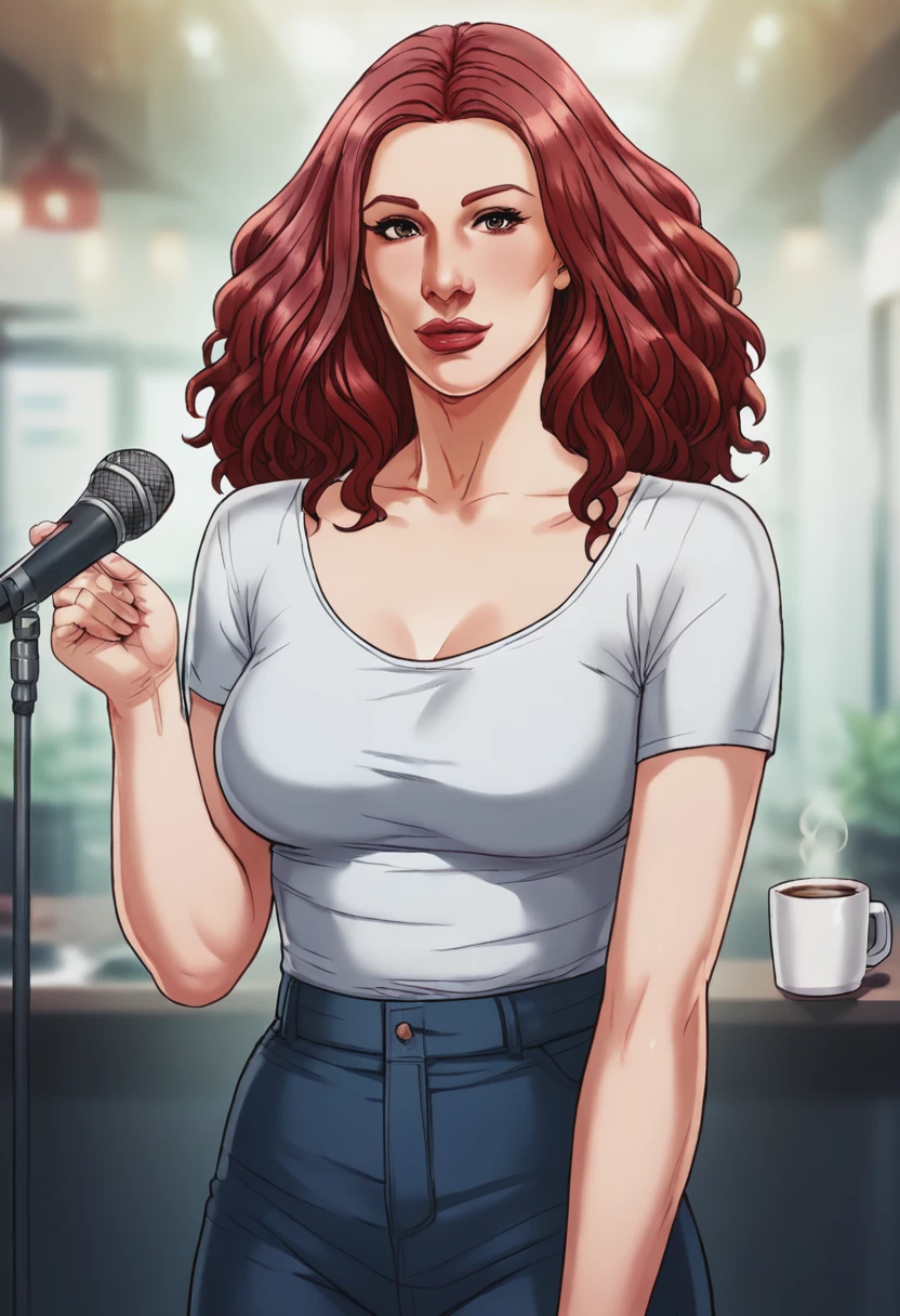 score_9, score_8_up, score_7_up, 1girl, mature_female, large_breasts, portrait, solo, looking_at_viewer, open_eyes, flat color, Posing as if singing into a microphone, perspective, (Coffee Abaya), wavy hair, shingle, Red hair, head_out_of_frame, rating_safe, <lora:pony\artist_styles\eva_kiss_pony:1.0>