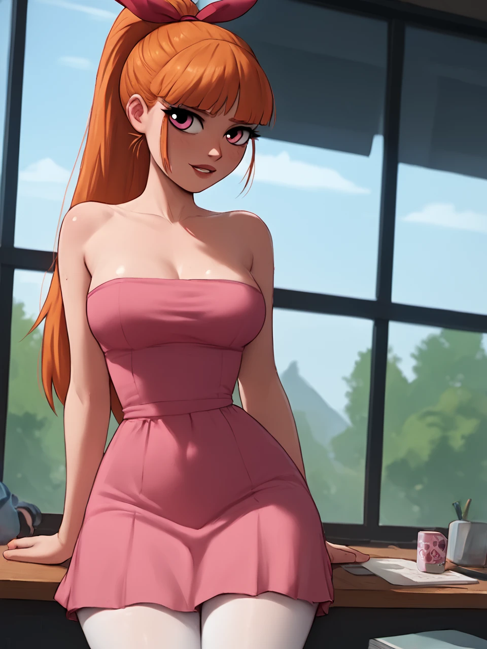 score_9, score_8_up, score_7_up,  score_6_up, BREAK, T66nBl0ss0m, 1girl, solo, long hair, ponytail, hair ribbon, orange hair, pink eyes, pink dress, white pantyhose, <lora:Teen_Blossom2:1>