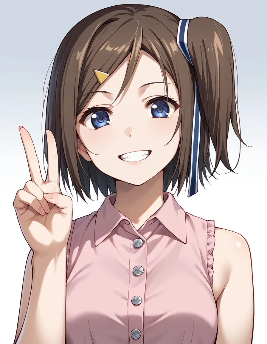 score_9, score_8_up, score_7_up, source_anime, BREAK
1girl, solo, looking at viewer, gradient background, light smile,
hatsuna wakabayashi, short hair, one side up, side ponytail, hairclip, dark blue eyes,
pink sleeveless blouse, collared blouse, v pose, buttons, teeth,
<lora:hatsuna_wakabayashi_anime-soralz:1>