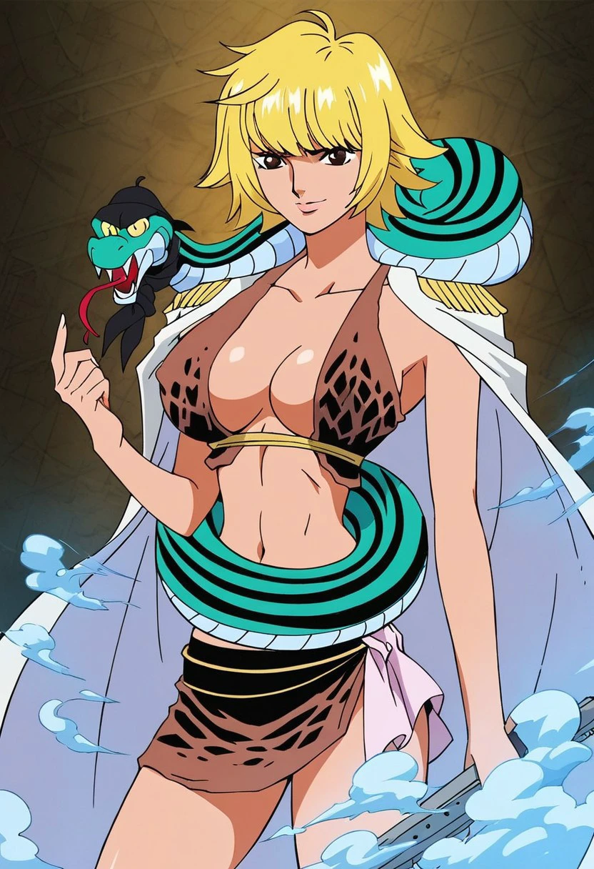 MargueriteOP, 1girl, solo, short hair, blonde hair, unruly hair, brown eyes, lips, large breast, cleavage, navel, midriff, groin, snake, white cape, bikini top, short skirt, animal skin clothes, bow (weapon), collarbone, striped thighhighs, single thighhigh, high-heeled boots, epaulets on cape, seductive pose, sexy pose, tease,  flirt gesture,
score_9, score_8_up, score_7_up, beautiful aesthetic, very intricate, high quality details,vibrant, highly detailed, award-winning, professional,anime artwork, anime style, studio anime, athletic, toned female,muscular milf,curvy body, athletic girl,fit girl, perky tits,huge breast,perfect tits, round breasts, nipple outline,looking at viewer, pinup pose,teasing, dynamic lighting, cinematic, smug, better than you, aura of temptation, highly detailed, high resolution, masterpiece, detailed clother, detailed background, highly detailed, ((sound effects)) comic layout,