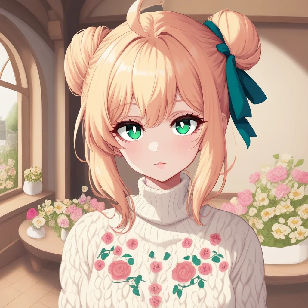 flower, double bun, hair ribbon, sweater, ahoge, green eyes, floral print, single side bun, crochet sweater, crochet, indoors, white sweater, white pupils, looking at viewer