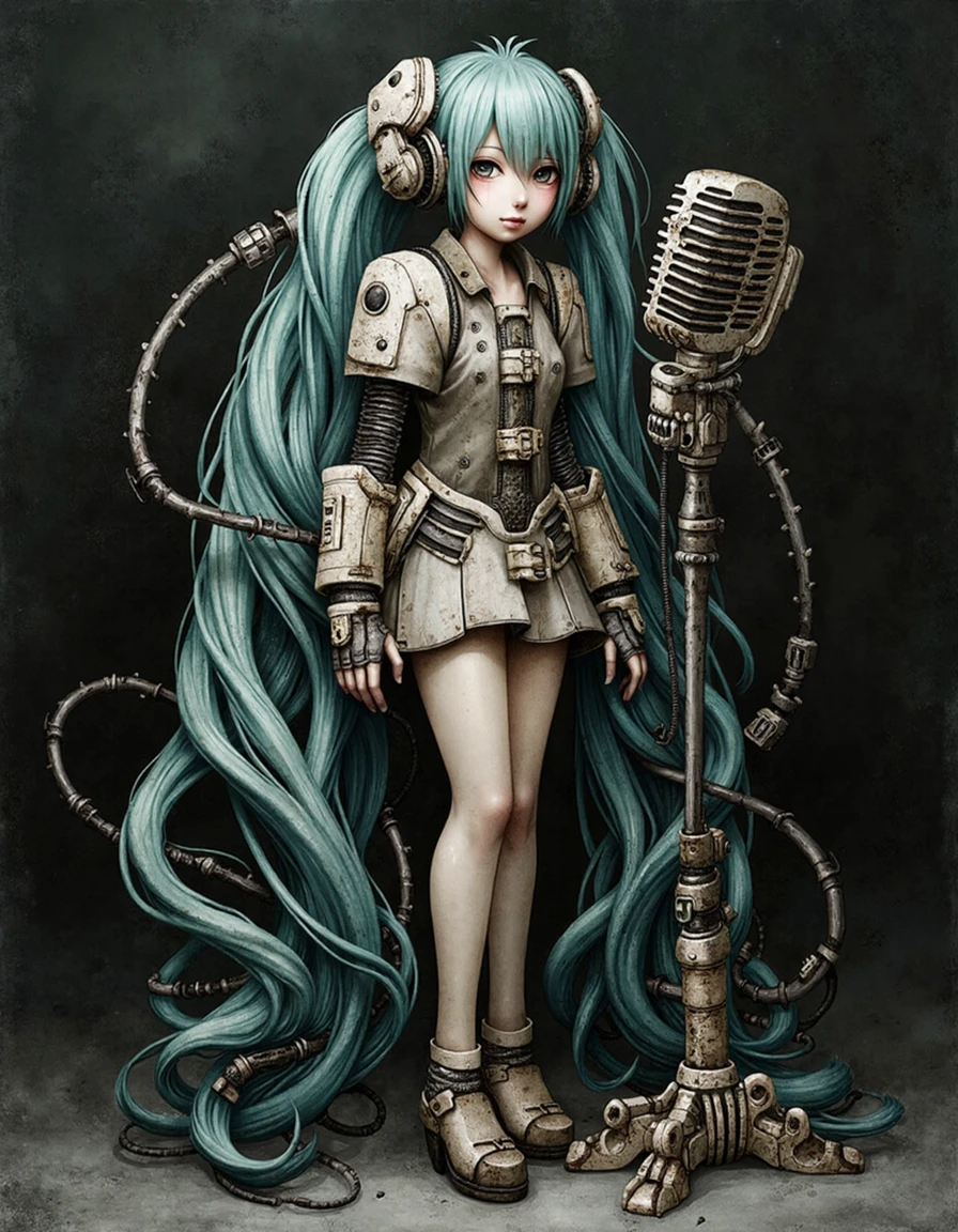 highly detailed surreal drawing, dark and gritty, Hatsune Miku in the biomechanical style. Her pale figure blends into a fusion of machinery and abstract forms, standing beside a  microphone stand that's alive with organic curves and techno-sinew. Dark abstract background
 <lora:shichigoro:1>