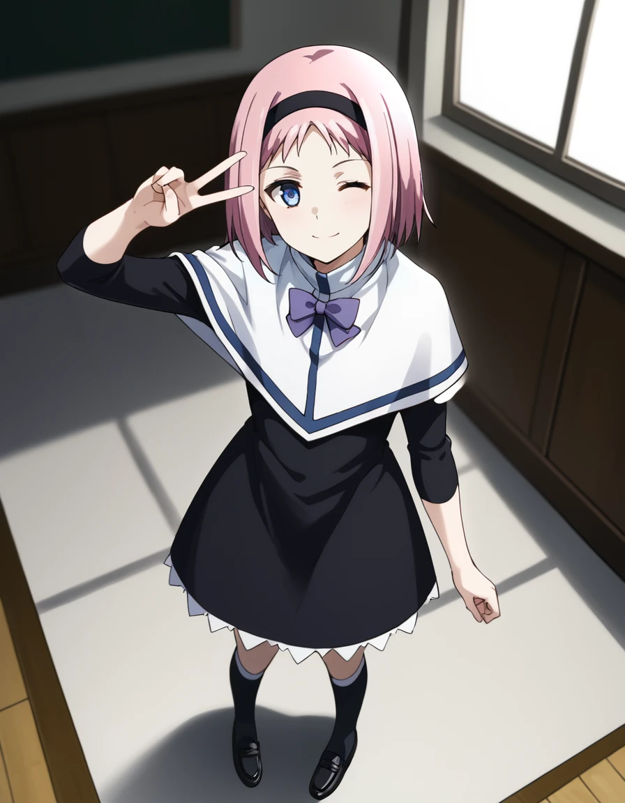 score_9, score_8_up, score_7_up, source_anime, BREAK
1girl, solo, looking at viewer, blurry background, empty room, from above, one eye closed, v-pose, full body, standing,
kazumi schlierenzauer, pink hair, short hair, black hairband, blue eyes,
school uniform, white capelet, purple bowtie, black dress, black kneehighs, black loafers,
light smile,
<lora:kazumi_schlierenzauer_anime-soralz:1>