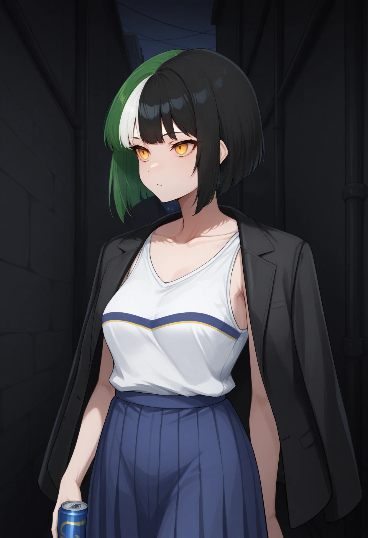 masterpiece, best quality, 1girl, solo, short hair, bob cut, yellow eyes, NSMelionPalHair, green hair, black hair, white hair, multicolored hair, medium breasts, HaruCheerUniform, sleeveless shirt, white shirt, collarbone, double horizontal stripe, blue skirt, outdoors, alley, dark theme, night, holding can, black jacket, jacket on shoulders, <lora:ChamHaruhiCheerIllustriousXL:1>, <lora:NSMelionPalHairIllu:1>