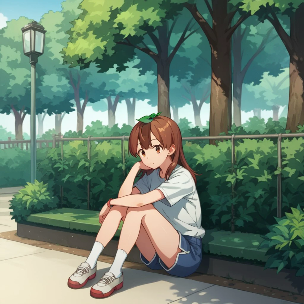 score_9, score_8_up, score_7_up, score_6_up, score_5_up, score_4_up, source_anime, mamedatan, human, female, , brown hair, brown eyes, leaf on head, sitting, in a park, shirt, shorts, <lora:22dad5bf-46de-4cf4-9044-4800f87d16c9:0.7>