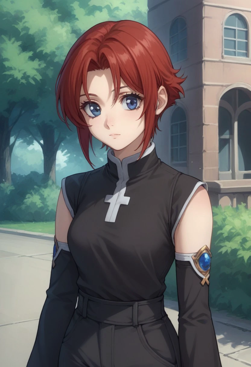 score_9, score_8_up, score_7_up, source_anime, highly detailed, 
esther, 1girl solo, red hair, short hair, blue eyes,  shirt, black shirt, detached sleeves, pants, black pants,
outdoor,