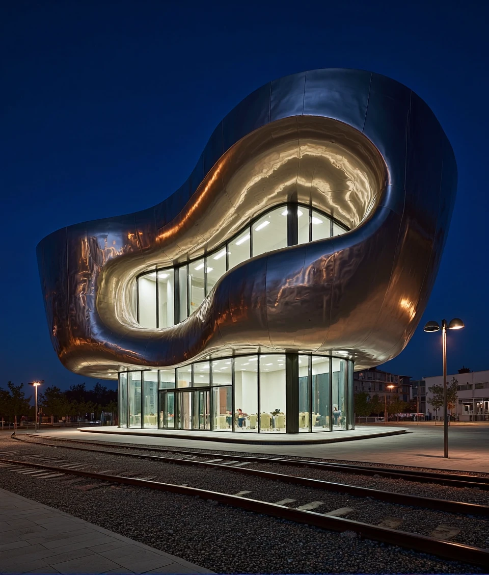 buildingbylaushine,FrankGehry-in-cuprum,a Train Station made out of steel,night railway